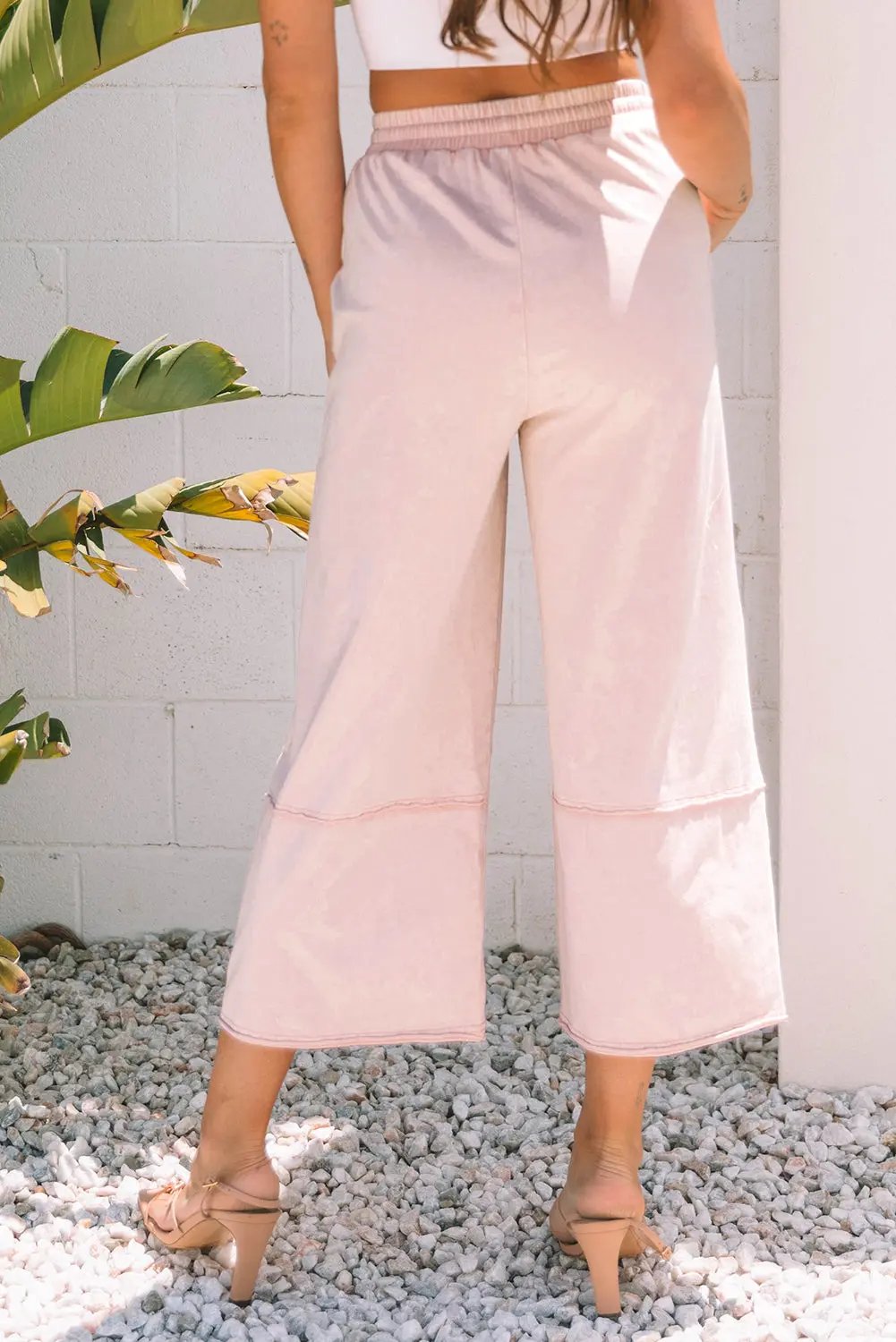Pink Flower Patch Mineral Washed Terry Knit Cropped Wide Leg Pants Love Salve